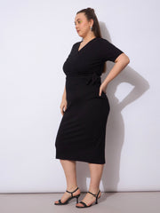 Women Black Rib Wrap Side Knot Bodycon Midi Dress