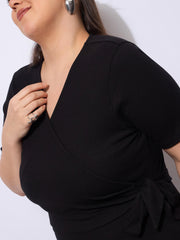 Women Black Rib Wrap Side Knot Bodycon Midi Dress