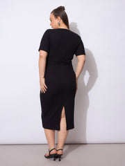 Women Black Rib Wrap Side Knot Bodycon Midi Dress