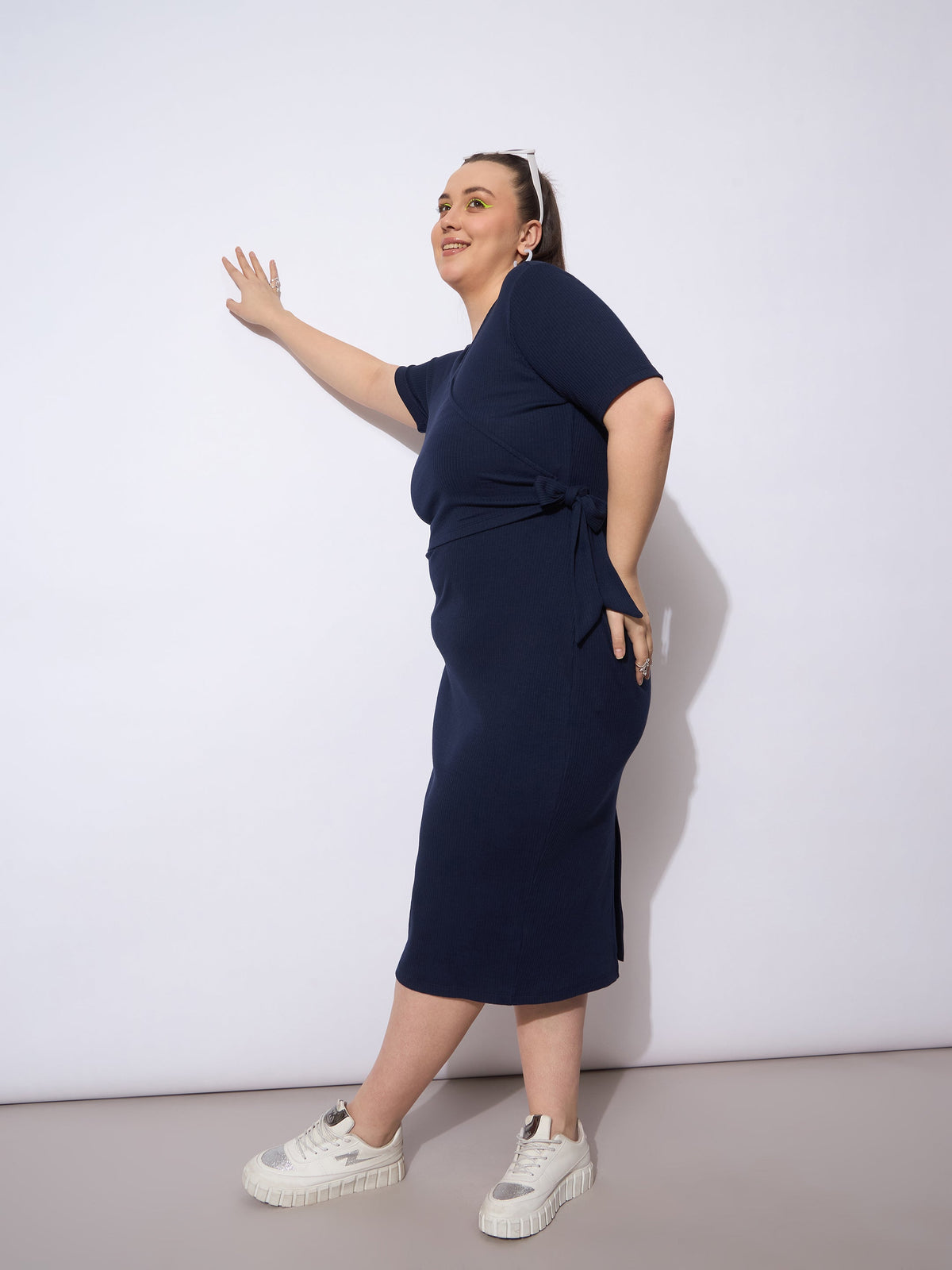 Women Navy Rib Wrap Side Knot Bodycon Midi Dress