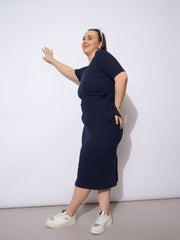 Women Navy Rib Wrap Side Knot Bodycon Midi Dress
