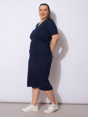 Women Navy Rib Wrap Side Knot Bodycon Midi Dress