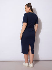 Women Navy Rib Wrap Side Knot Bodycon Midi Dress