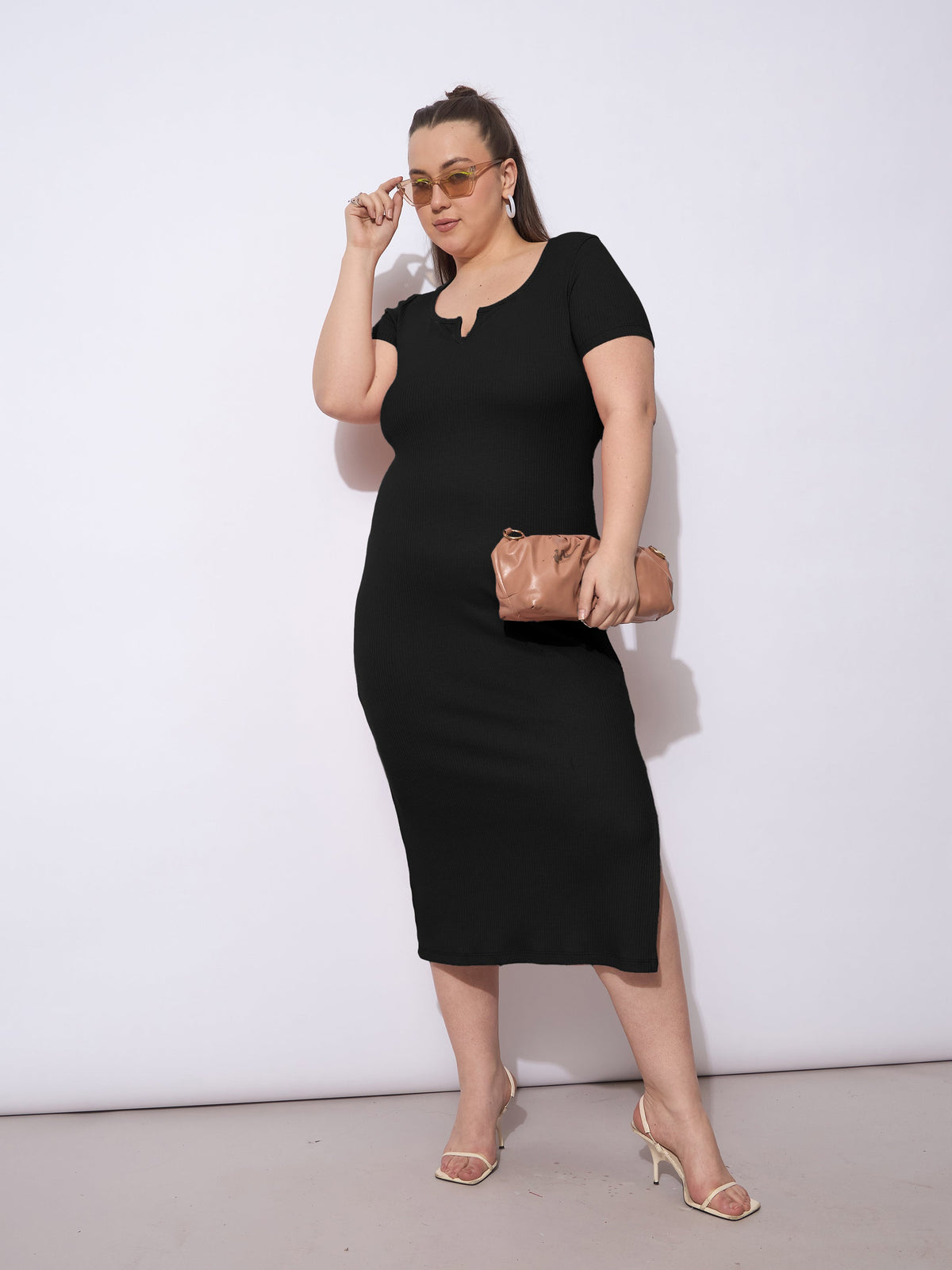 Women Black Rib Short Sleeves Midi Dress