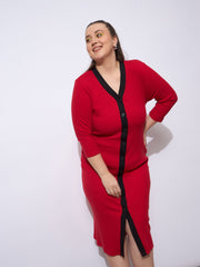 Women Red Rib Contrast Placket Midi Dress