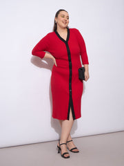 Women Red Rib Contrast Placket Midi Dress