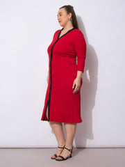Women Red Rib Contrast Placket Midi Dress