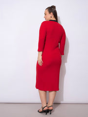 Women Red Rib Contrast Placket Midi Dress