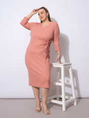 Women Pink Rib Side Knot Rouching Midi Dress