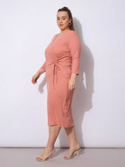 Women Pink Rib Side Knot Rouching Midi Dress