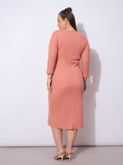 Women Pink Rib Side Knot Rouching Midi Dress