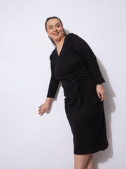 Women Black Rib Side Knot Rouching Midi Dress