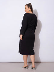 Women Black Rib Side Knot Rouching Midi Dress