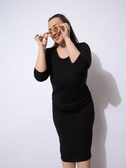 Women Black Rib Round Neck Midi Dress