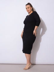 Women Black Rib Round Neck Midi Dress