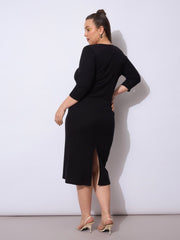 Women Black Rib Round Neck Midi Dress