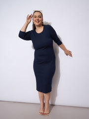 Women Navy Rib Round Neck Midi Dress