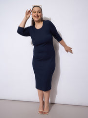 Women Navy Rib Round Neck Midi Dress