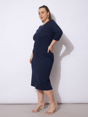 Women Navy Rib Round Neck Midi Dress