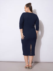 Women Navy Rib Round Neck Midi Dress