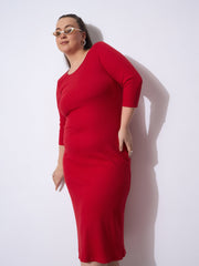 Women Red Rib Round Neck Midi Dress