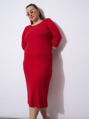 Women Red Rib Round Neck Midi Dress