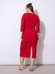 Women Red Rib Round Neck Midi Dress