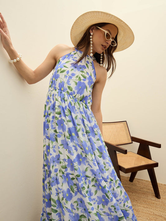 Women Blue Floral Halter Neck Maxi Dress