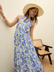 Women Blue Floral Halter Neck Maxi Dress