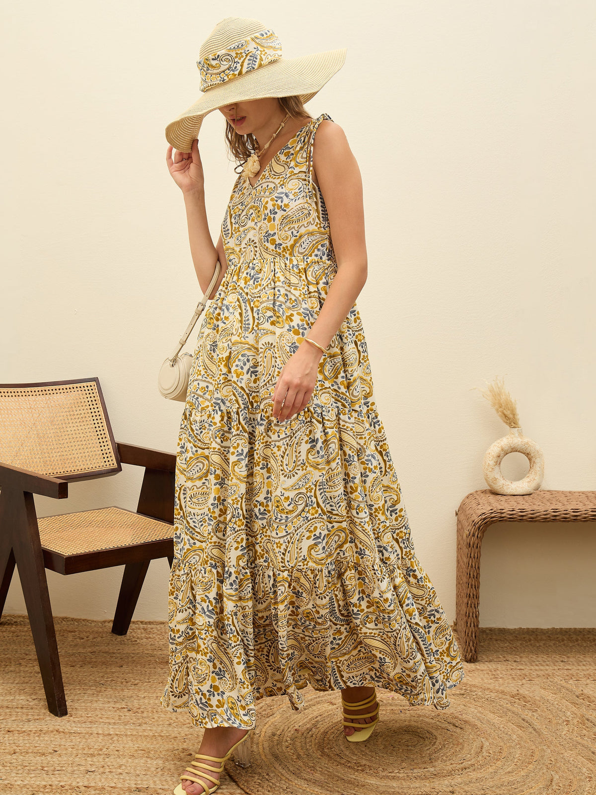 Women Beige Paisley V-Neck Tiered Maxi Dress