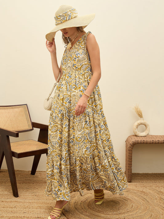 Women Beige Paisley V-Neck Tiered Maxi Dress