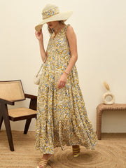 Women Beige Paisley V-Neck Tiered Maxi Dress