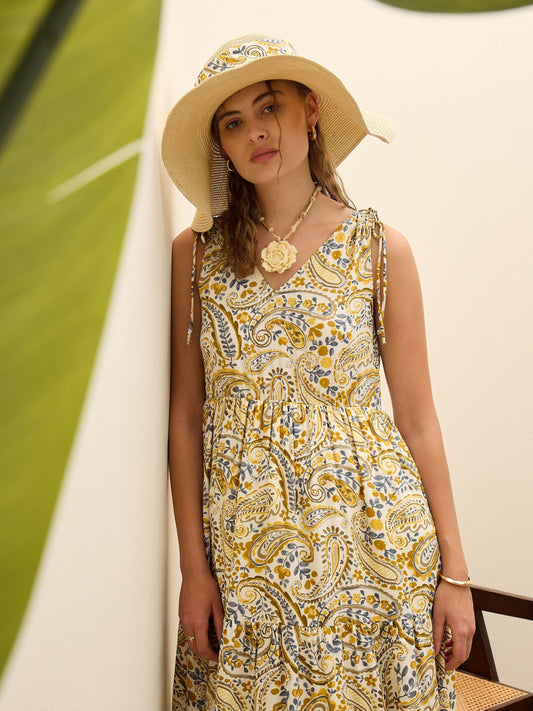 Women Beige Paisley V-Neck Tiered Maxi Dress