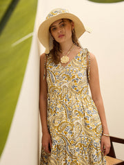 Women Beige Paisley V-Neck Tiered Maxi Dress