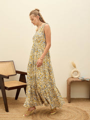 Women Beige Paisley V-Neck Tiered Maxi Dress