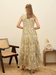 Women Beige Paisley V-Neck Tiered Maxi Dress