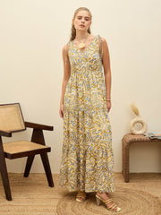 Women Beige Paisley V-Neck Tiered Maxi Dress