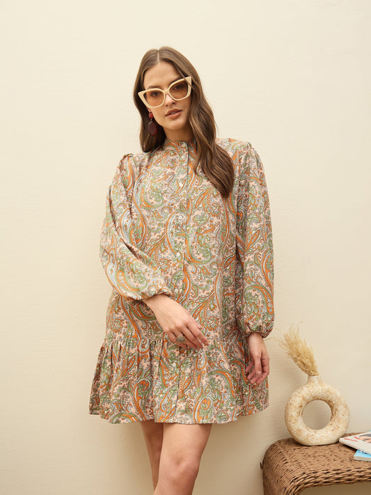 Women Peach Paisley Shirt Dress