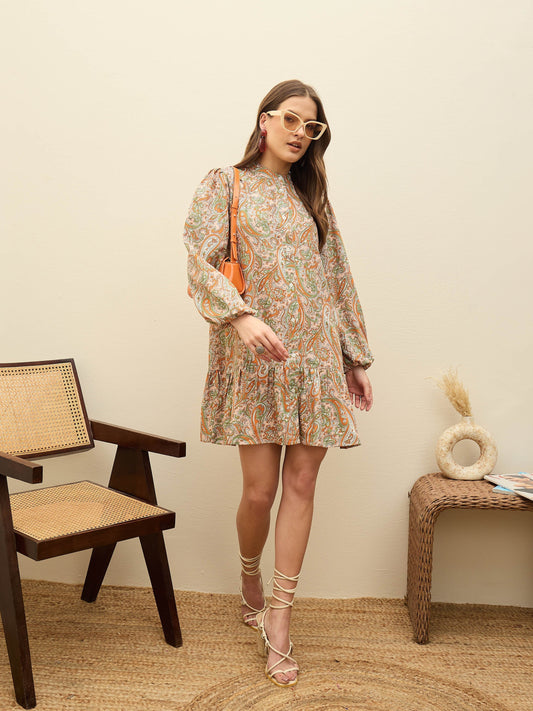 Women Peach Paisley Shirt Dress