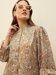 Women Peach Paisley Shirt Dress