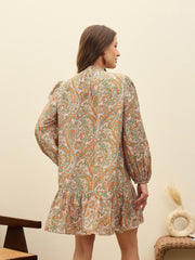 Women Peach Paisley Shirt Dress
