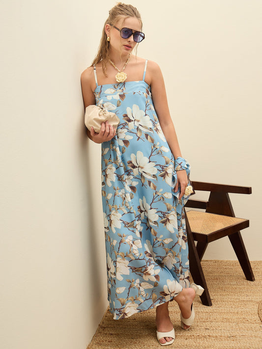 Women Blue Floral Strappy Loose Fit Maxi Dress