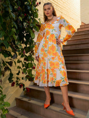Women Yellow Floral Square Neck Maxi Dress