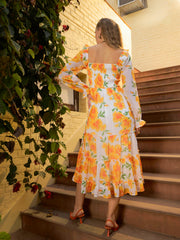Women Yellow Floral Square Neck Maxi Dress