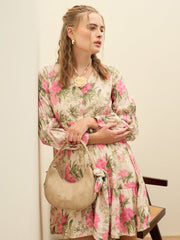 Women Beige Floral Ruffle Hem V-Neck Short Dress