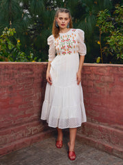 Women White Dobby Tiered Midi Dress