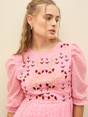 Women Pink Dobby Tiered Midi Dress