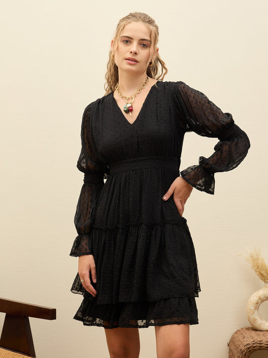Women Black Dobby Puff Sleeve Midi Dress