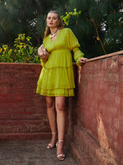 Women Green Dobby V-Neck Short Dress