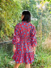 Women Red & Blue Floral Ruched Sleeves Short Dress